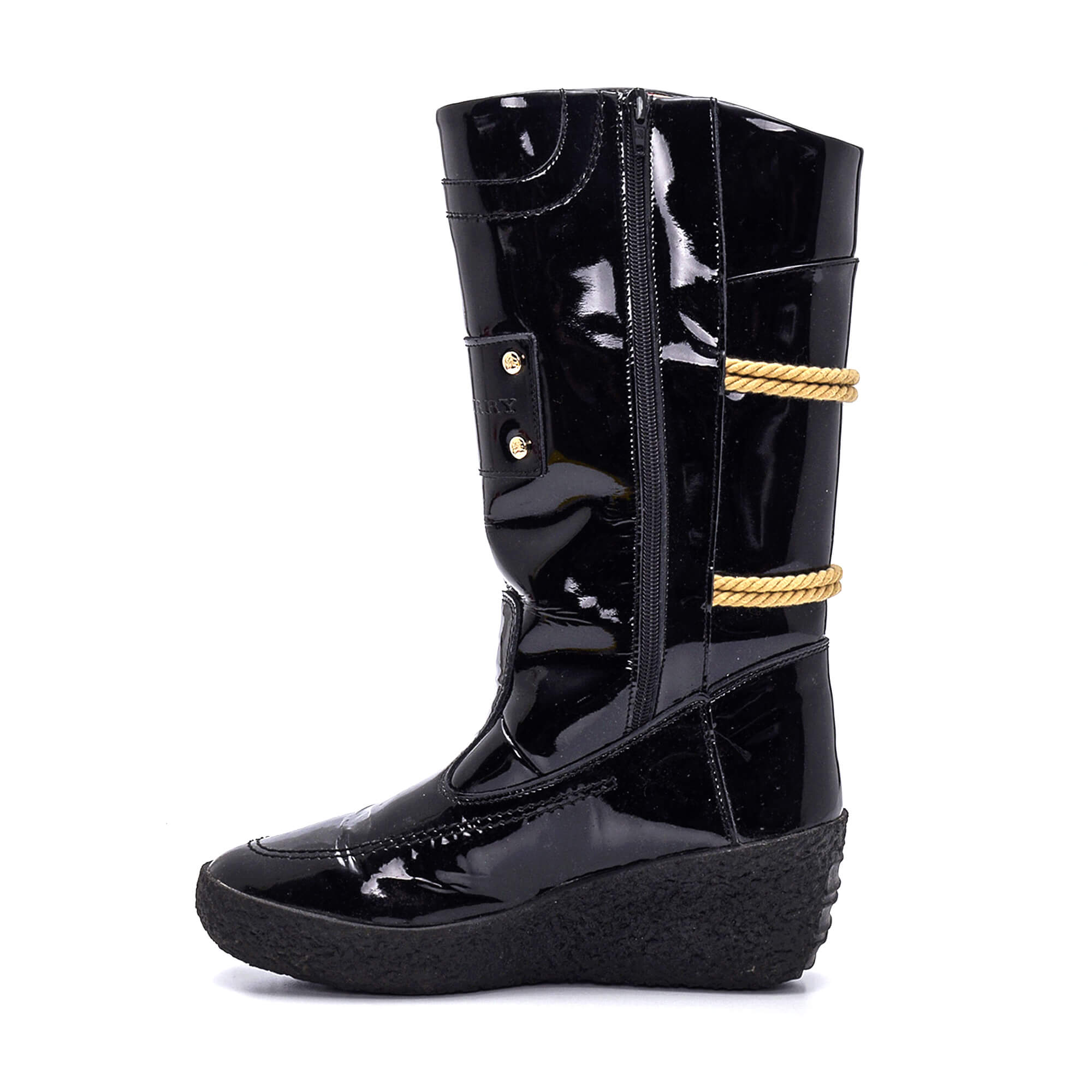 Burberry - Black Patent Leather Wedge Rain Boots/39